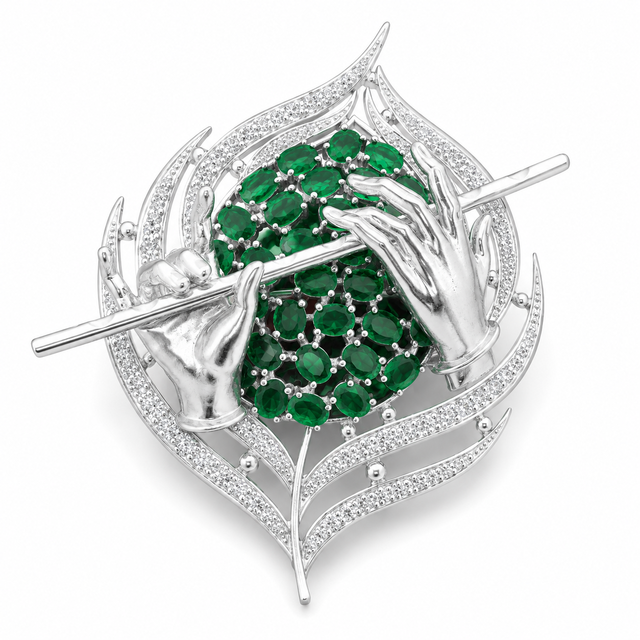 Sterling Silver Flute Motif Brooch Cum Pendant with Green Stones for Men and Women