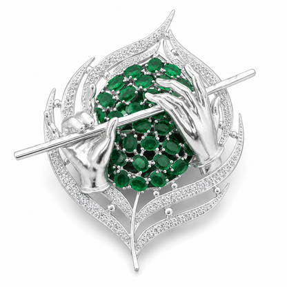 Sterling Silver Flute Motif Brooch Cum Pendant with Green Stones for Men and Women