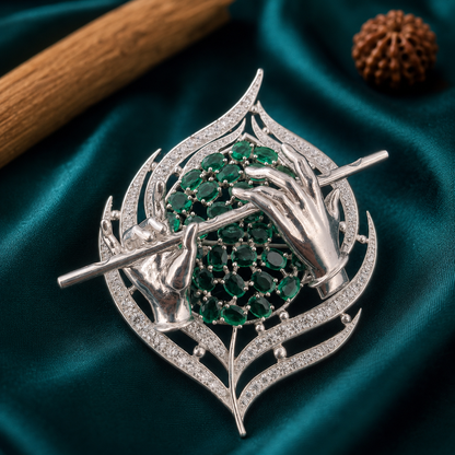 Sterling Silver Flute Motif Brooch Cum Pendant with Green Stones for Men and Women