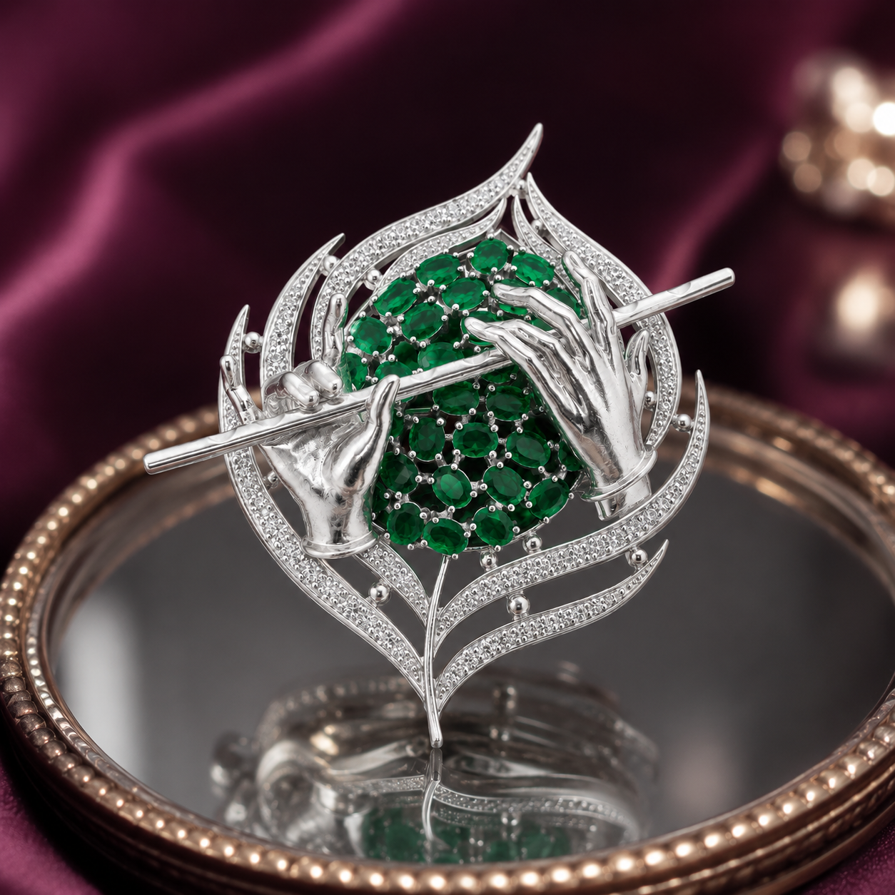 Sterling Silver Flute Motif Brooch Cum Pendant with Green Stones for Men and Women