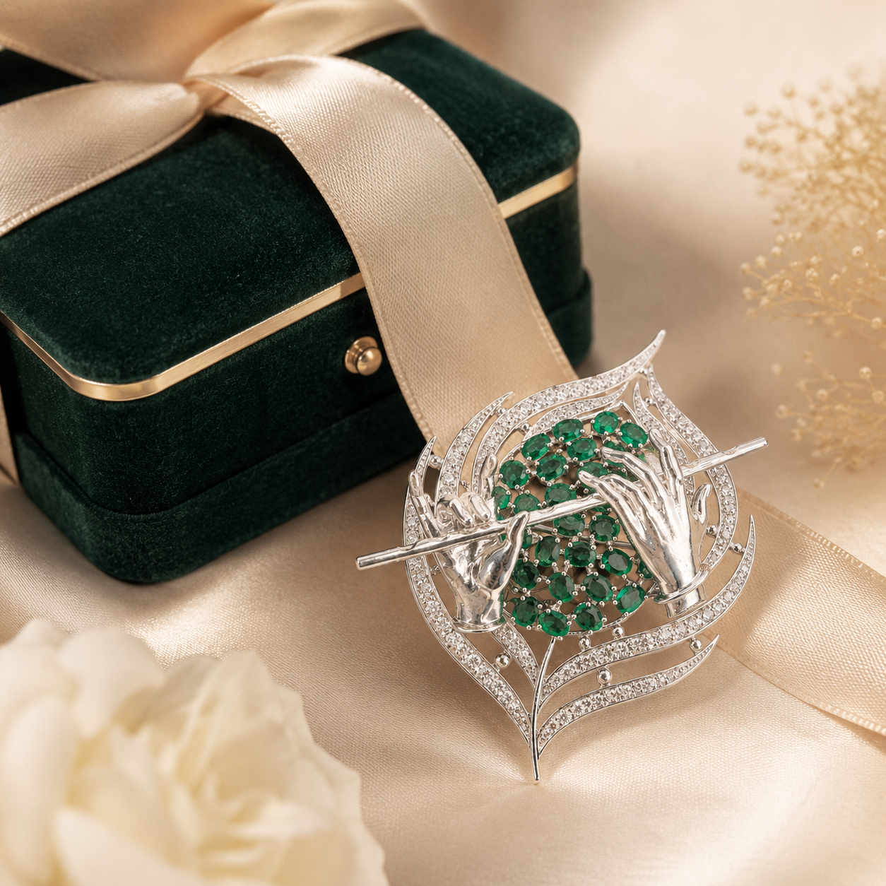 Sterling Silver Flute Motif Brooch Cum Pendant with Green Stones for Men and Women