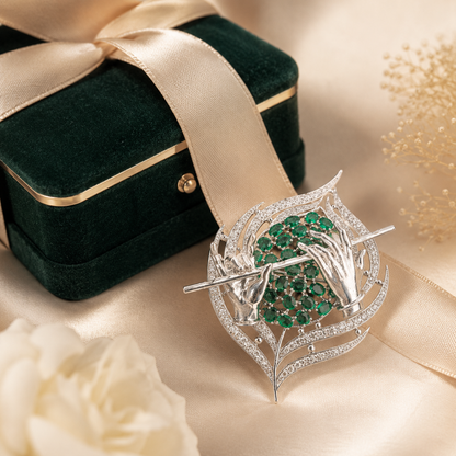 Sterling Silver Flute Motif Brooch Cum Pendant with Green Stones for Men and Women