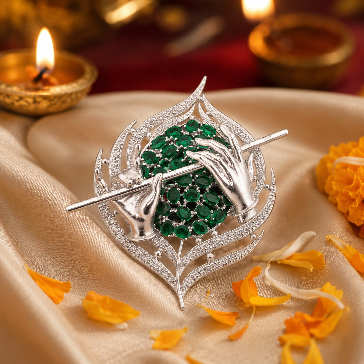 Sterling Silver Flute Motif Brooch Cum Pendant with Green Stones for Men and Women