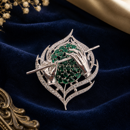 Sterling Silver Flute Motif Brooch Cum Pendant with Green Stones for Men and Women