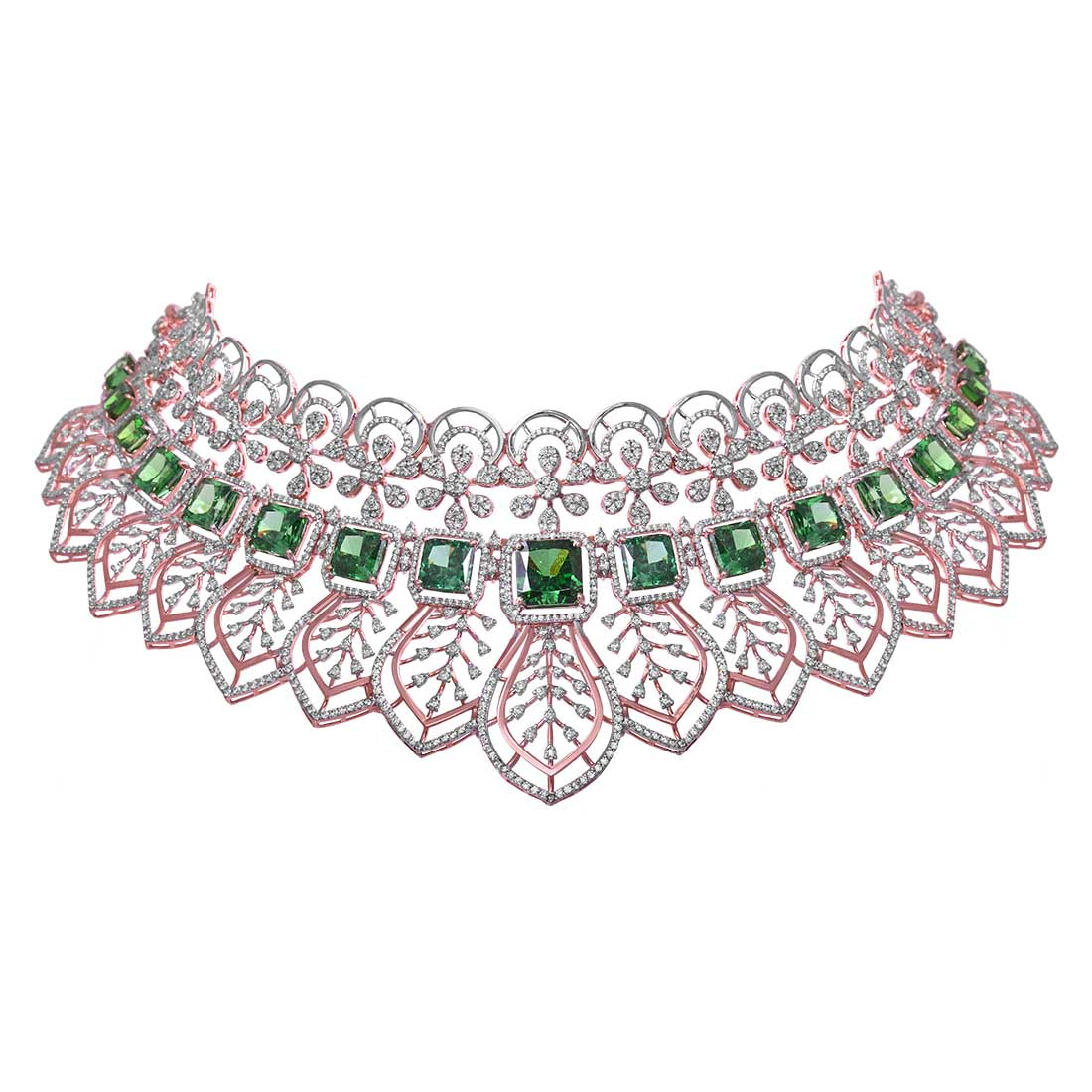 Sterling Silver Rosegold plated Green stoned Choker Necklace Set