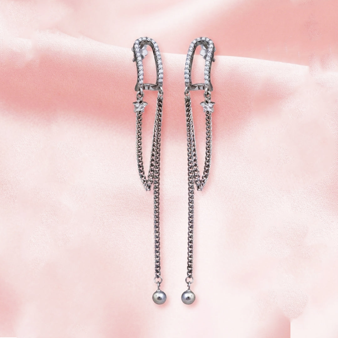 Sterling Silver Cubic Zirconia Star Chain Drop Earrings for Girls & Women