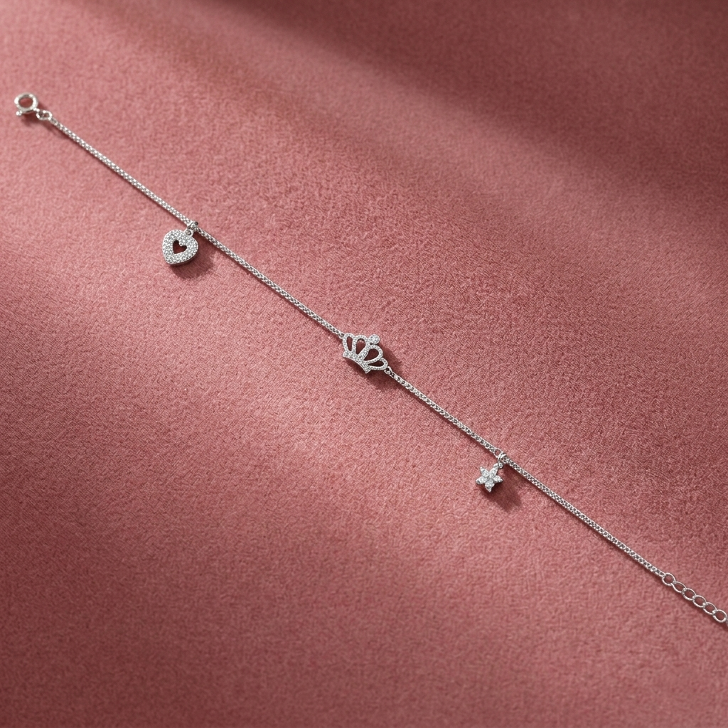 Sterling Silver Princess Crown Charm Bracelet for Women & Girls