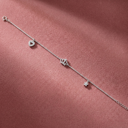 Sterling Silver Princess Crown Charm Bracelet for Women & Girls