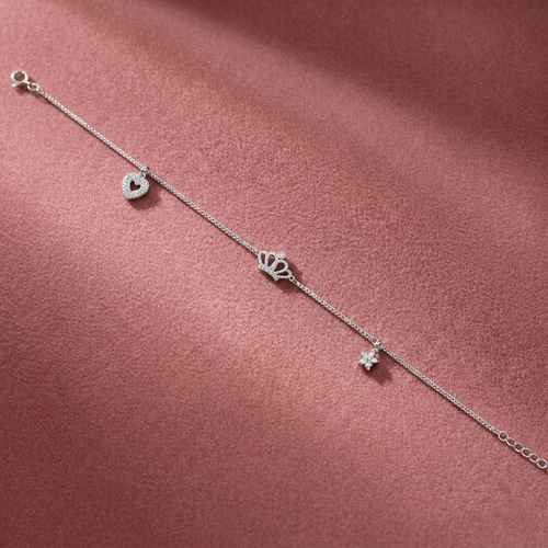 Sterling Silver Princess Crown Charm Bracelet for Women & Girls
