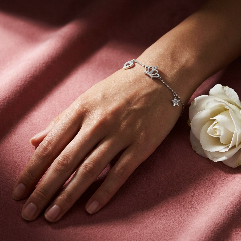 Sterling Silver Princess Crown Charm Bracelet for Women & Girls