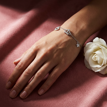 Sterling Silver Princess Crown Charm Bracelet for Women & Girls