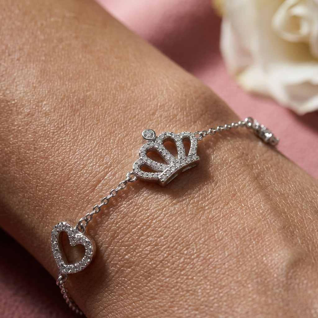 Sterling Silver Princess Crown Charm Bracelet for Women & Girls