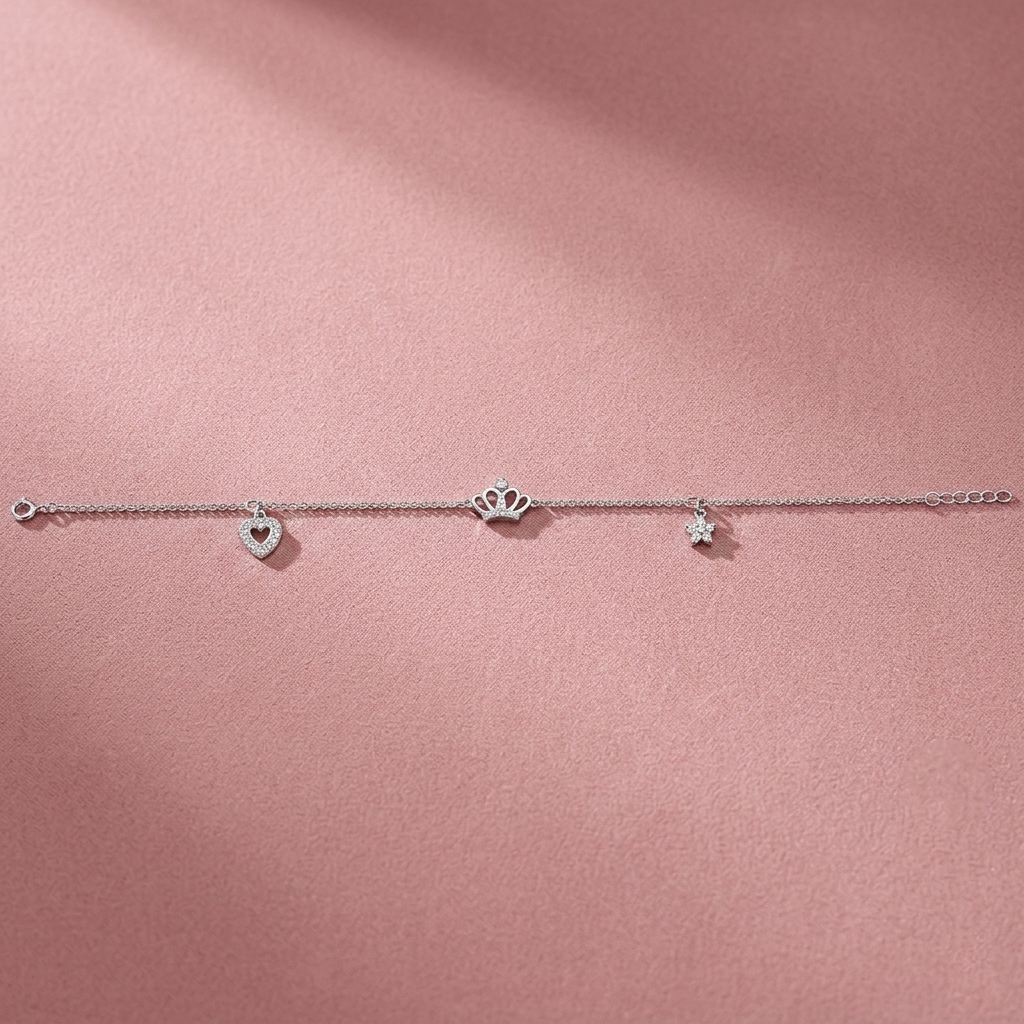 Sterling Silver Princess Crown Charm Bracelet for Women & Girls