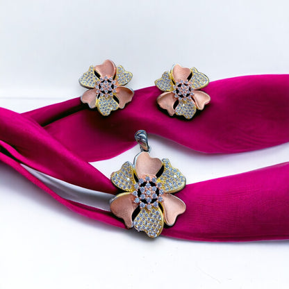 Pansy Flower With Stone Flower Pendant And Earring Set For Women & Girls