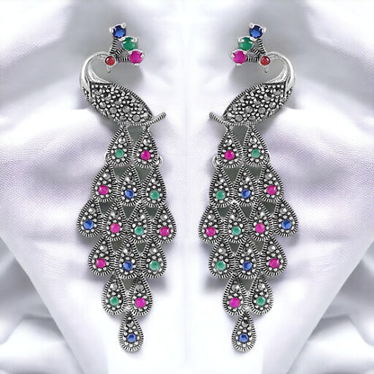 Multi Colour Silver Peacock Earring For Women & Girls