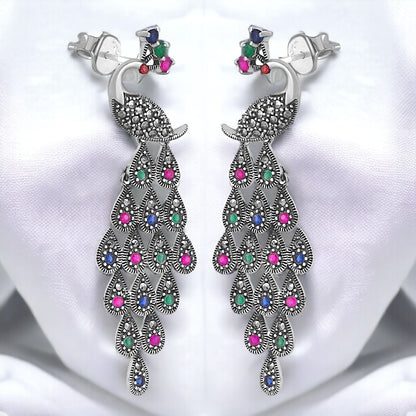 Multi Colour Silver Peacock Earring For Women & Girls