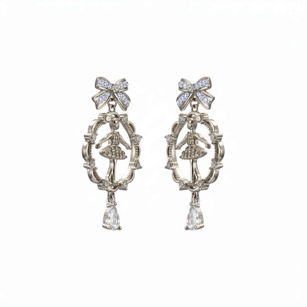 Sterling Silver Zircon Studded Dancing Doll Earrings for Women and Girls