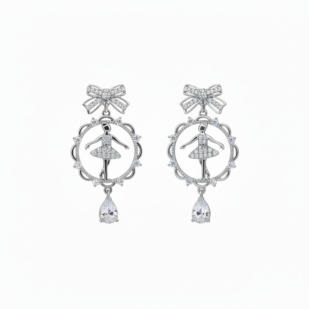 Sterling Silver Zircon Studded Dancing Doll Earrings for Women and Girls