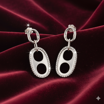 Sterling Silver Zircon Studded Oval Drop Earrings for Women and Girls