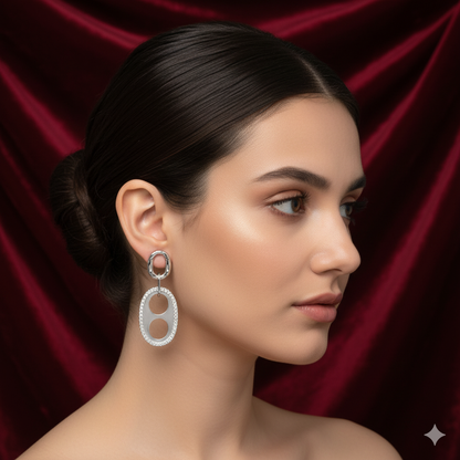 Sterling Silver Zircon Studded Oval Drop Earrings for Women and Girls