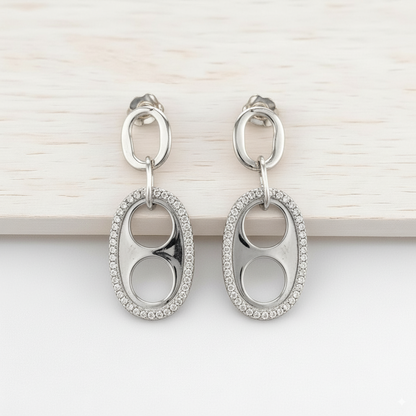 Sterling Silver Zircon Studded Oval Drop Earrings for Women and Girls