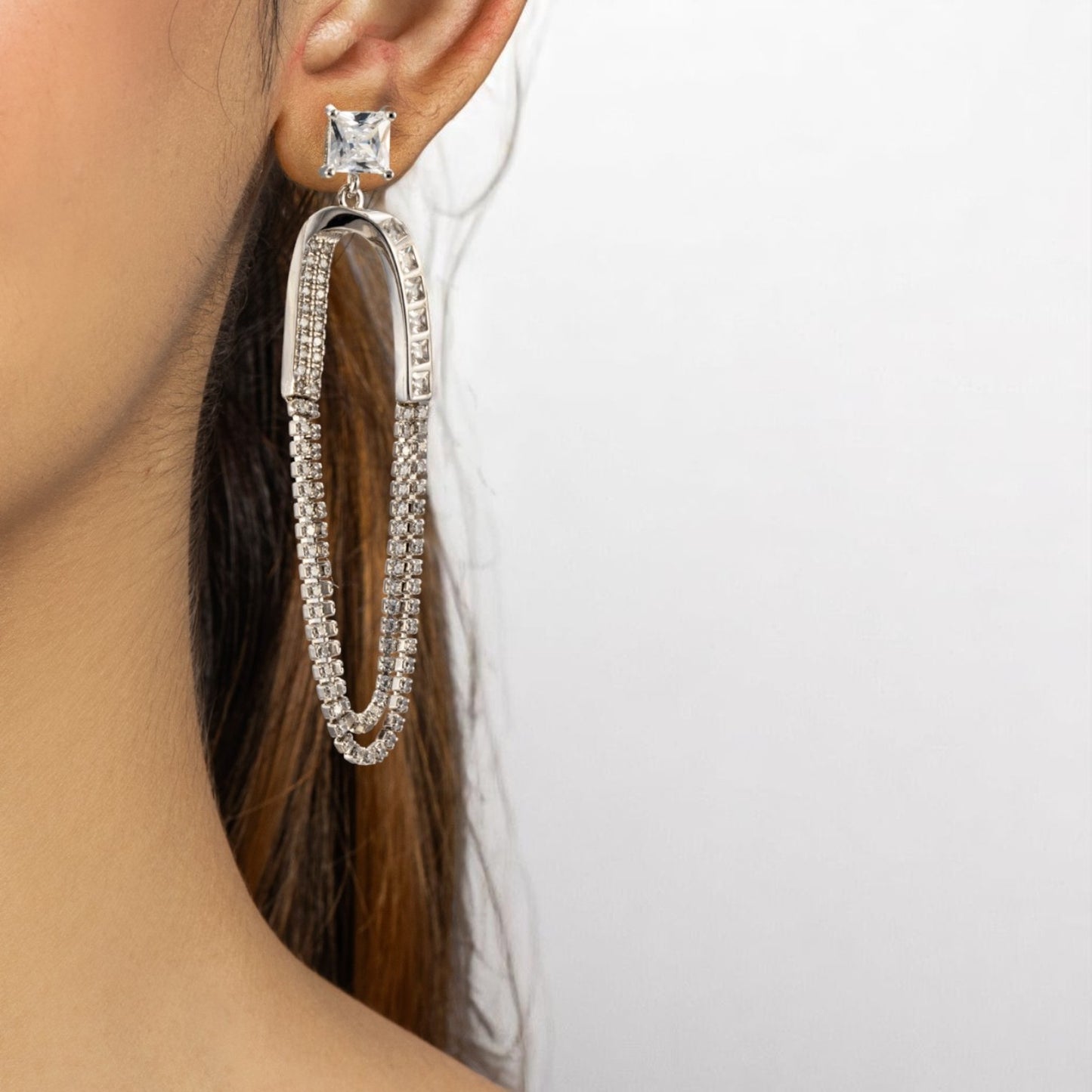 Sterling Silver Zircon Studded Chain drop Earrings For Women and Girls