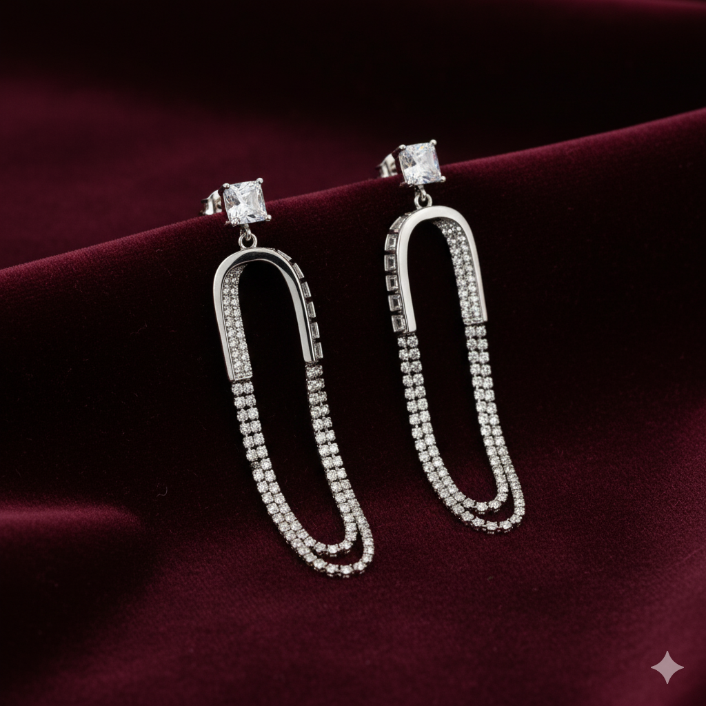 Sterling Silver Zircon Studded Chain drop Earrings For Women and Girls