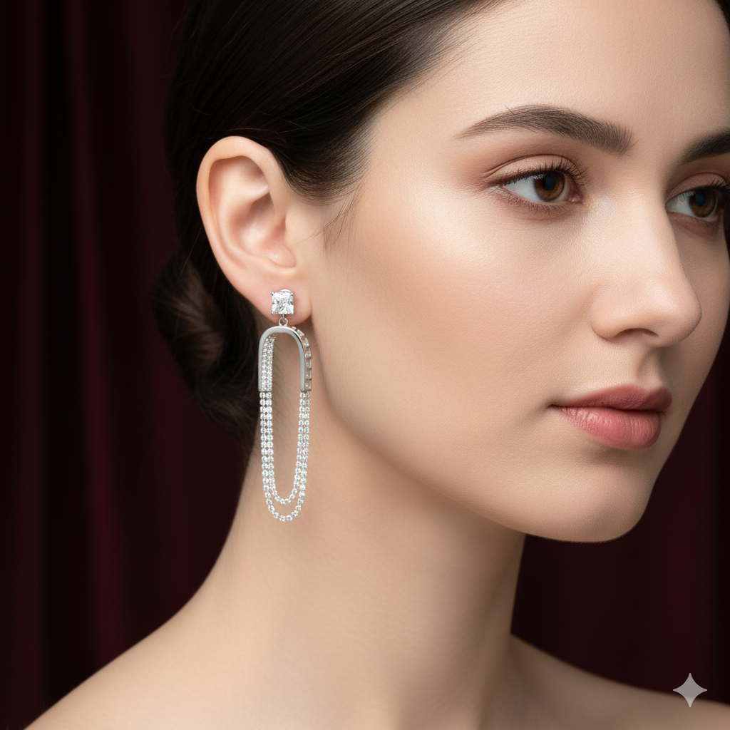 Sterling Silver Zircon Studded Chain drop Earrings For Women and Girls