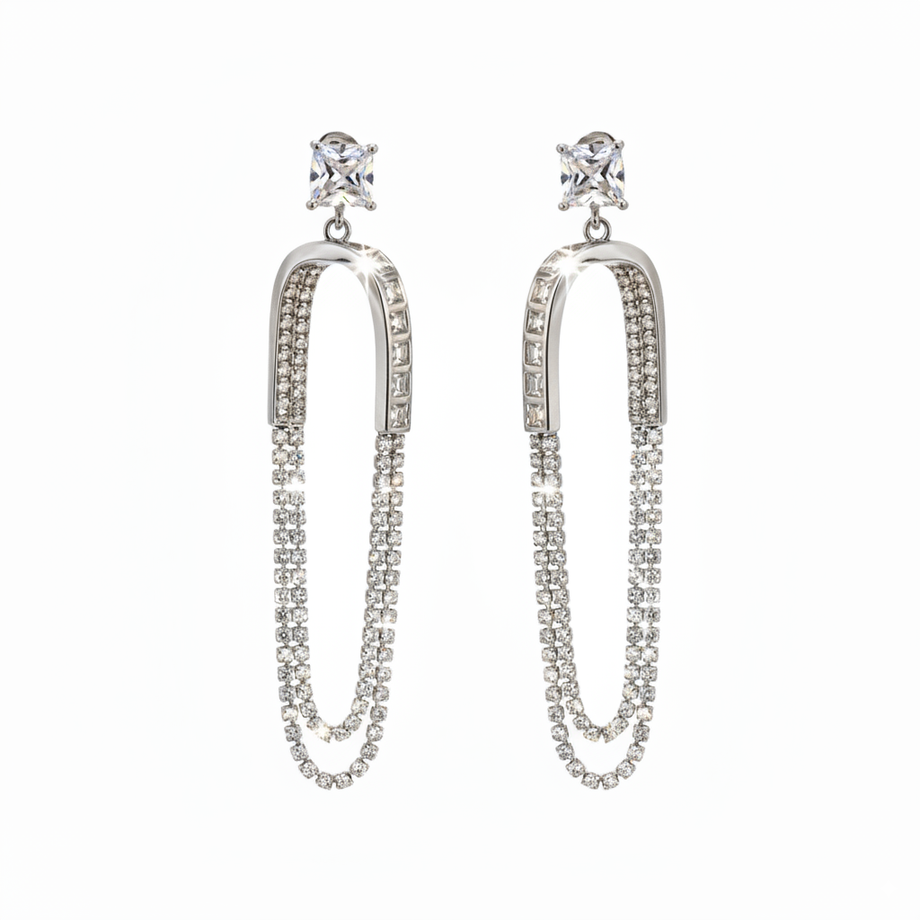 Sterling Silver Zircon Studded Chain drop Earrings For Women and Girls