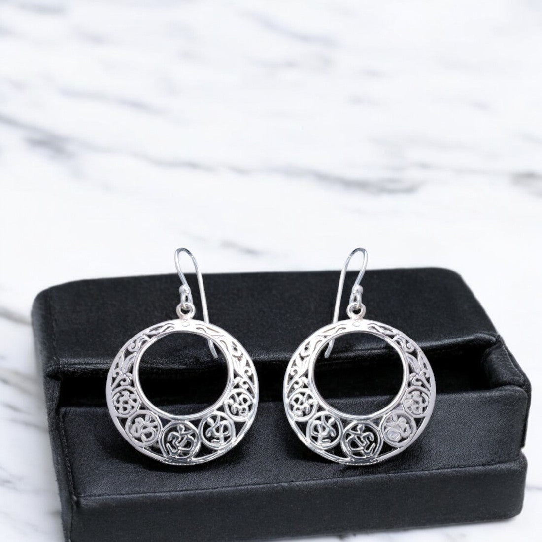 Sterling silver Moon Tarnish oxidized om Bali round earrings for women and girls