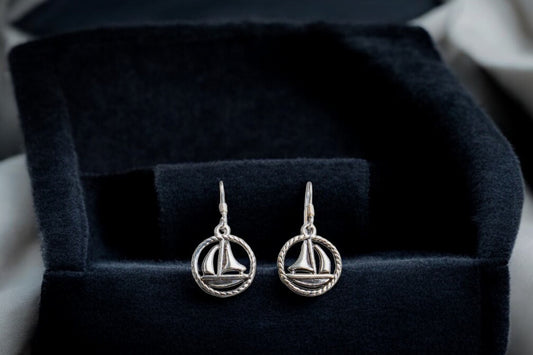 Sterling silver oxidized sail on boat earrings for women and girls