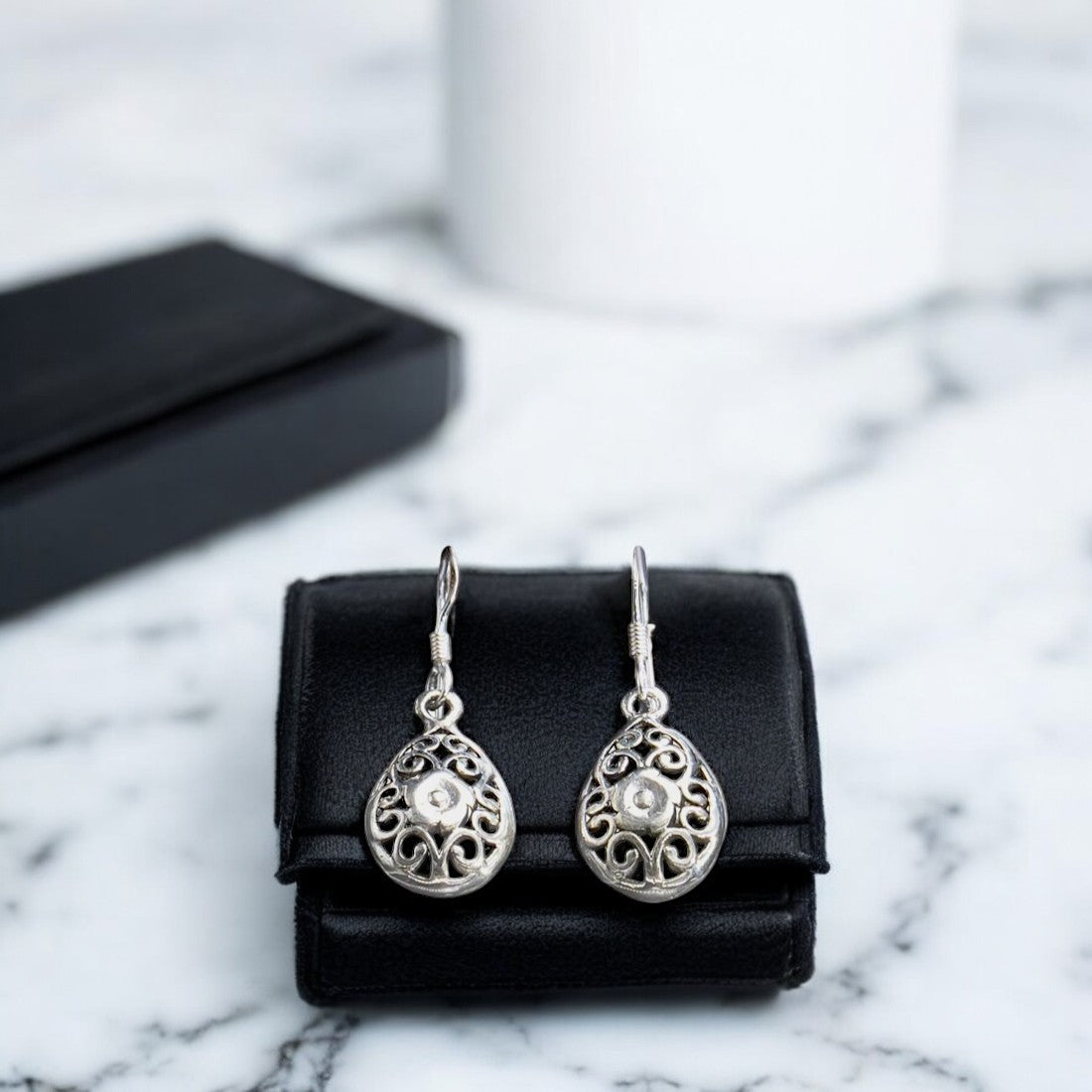 Sterling silver Moon Tarnish Oxidized teardrop motif drop earrings for women and girls