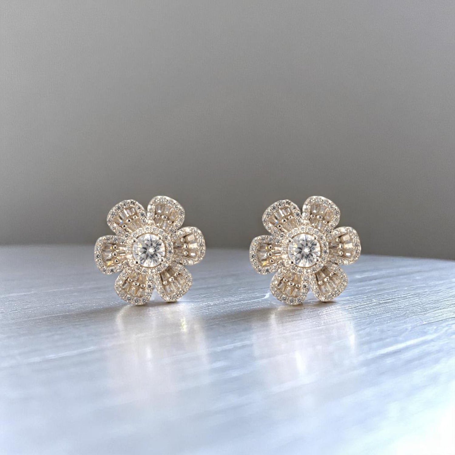 Sterling Silver Zircon Floral Stud Earrings for Women and Girls