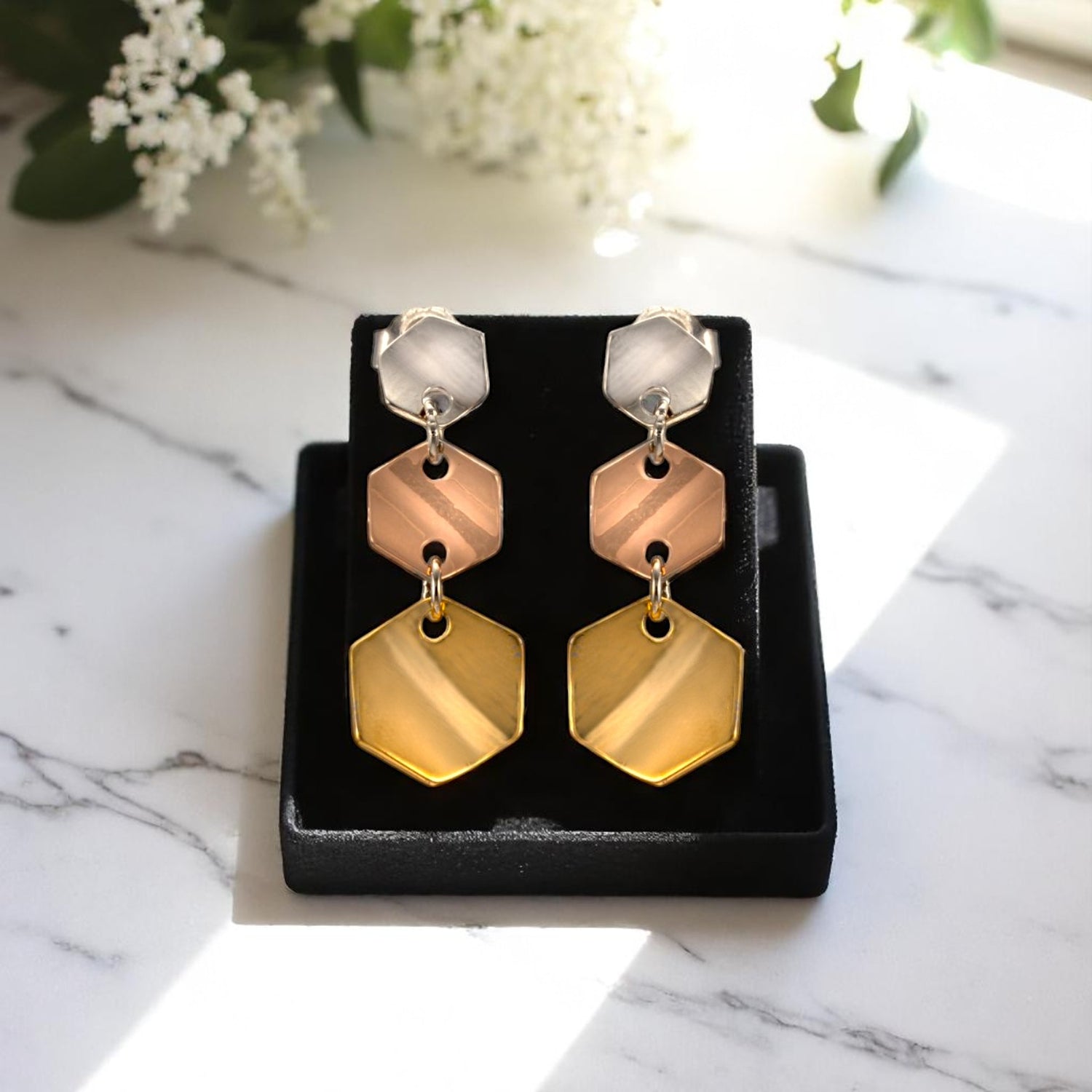 Sterling Silver Hexagon Shape Dangle earrings for Women and Girls