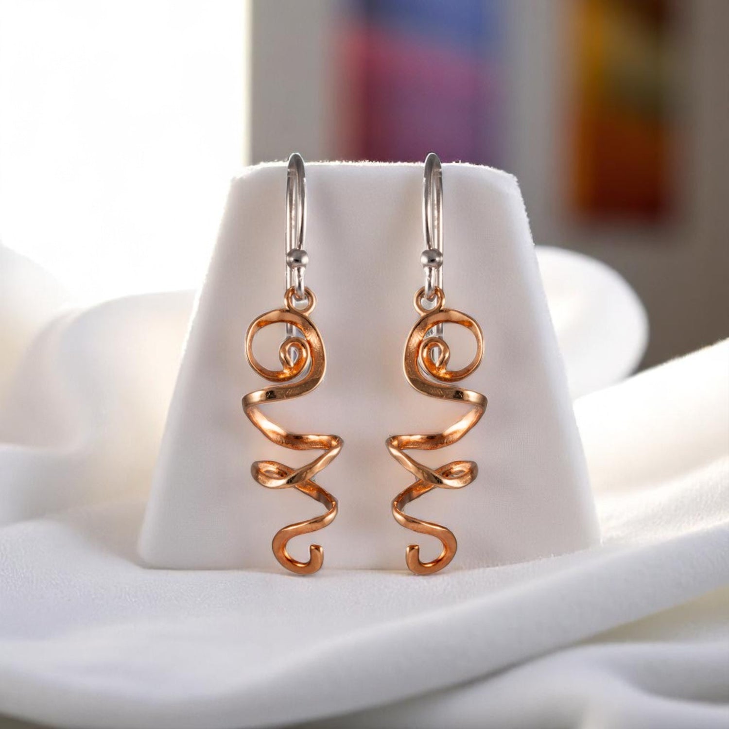 Sterling Silver Rosegold Plated Wavy Hook Earrings for Women and Girls