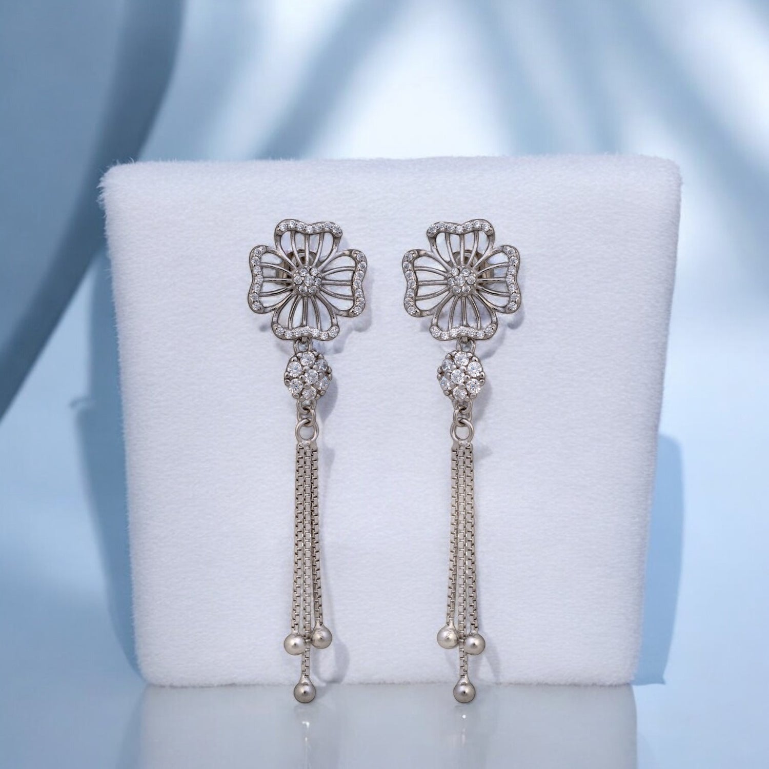 Sterling Silver Floral Studded Chain drop Earrings For Women and Girls