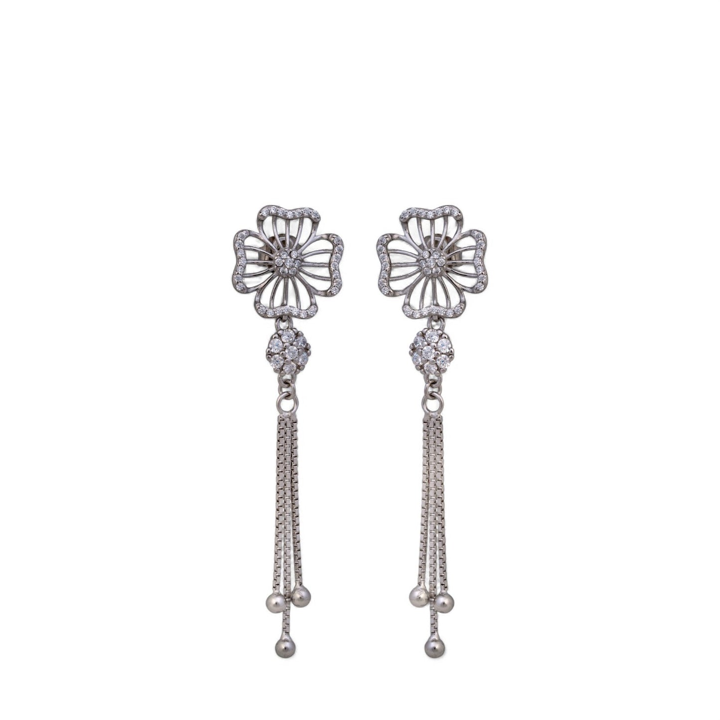 Sterling Silver Floral Studded Chain drop Earrings For Women and Girls