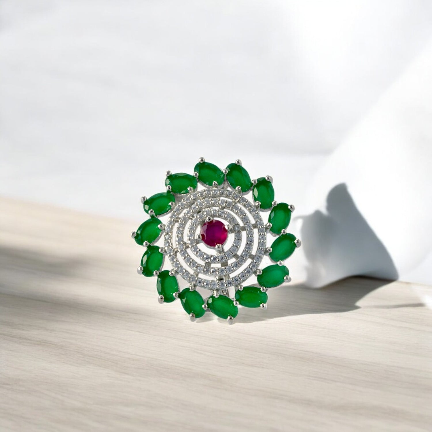 Sterling Silver Midnight Bloom Green Round Zircon Studded adjustable Cocktail Ring for Women and Girls