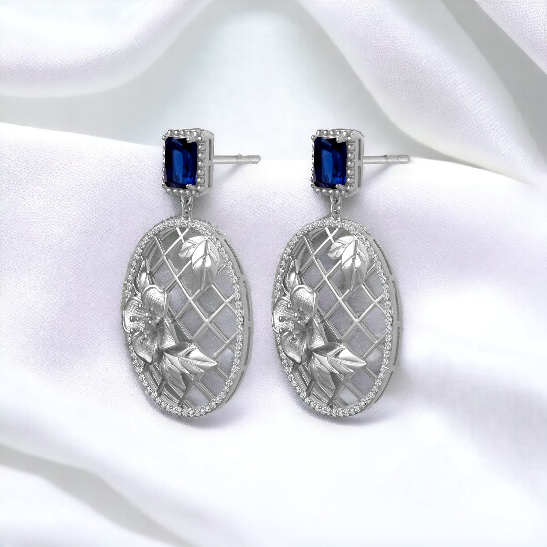 Blue Stone Oval Silver Drop Earring