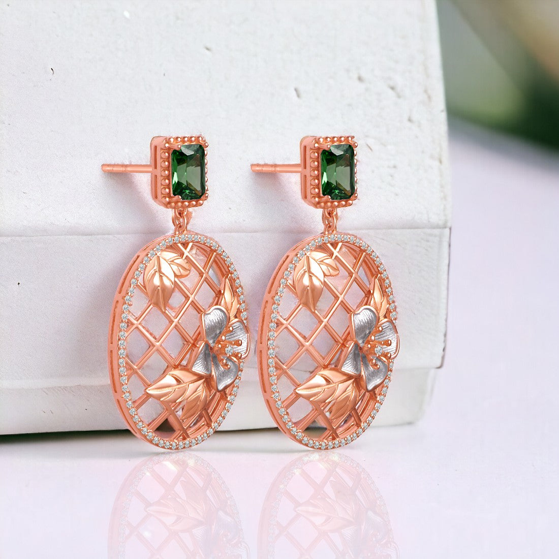 Green Stone Oval Rose gold Drop Earring