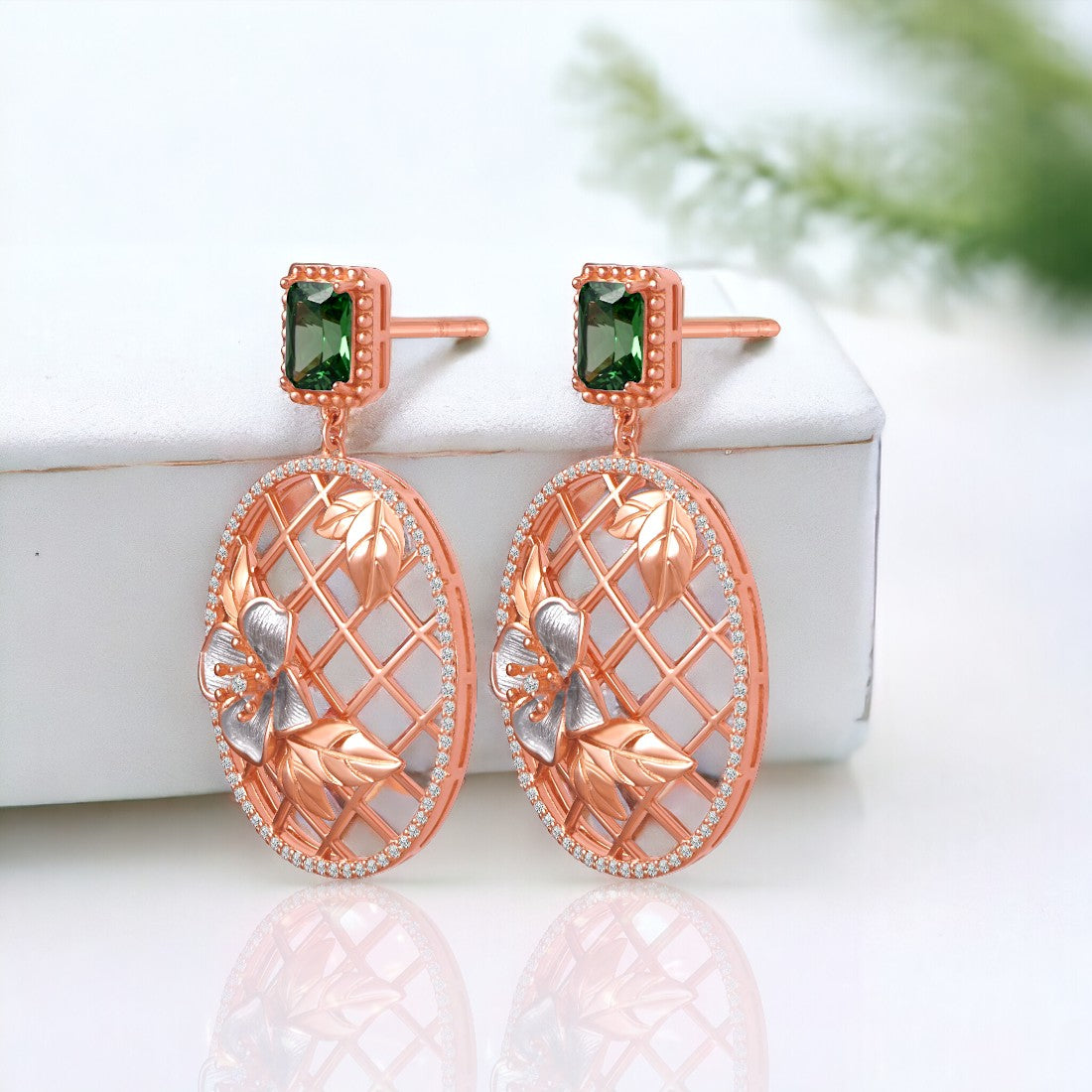 Green Stone Oval Rose gold Drop Earring