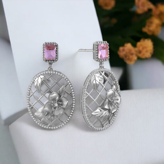 Pink Stone Oval Silver Drop Earring
