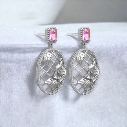 Pink Stone Oval Silver Drop Earring