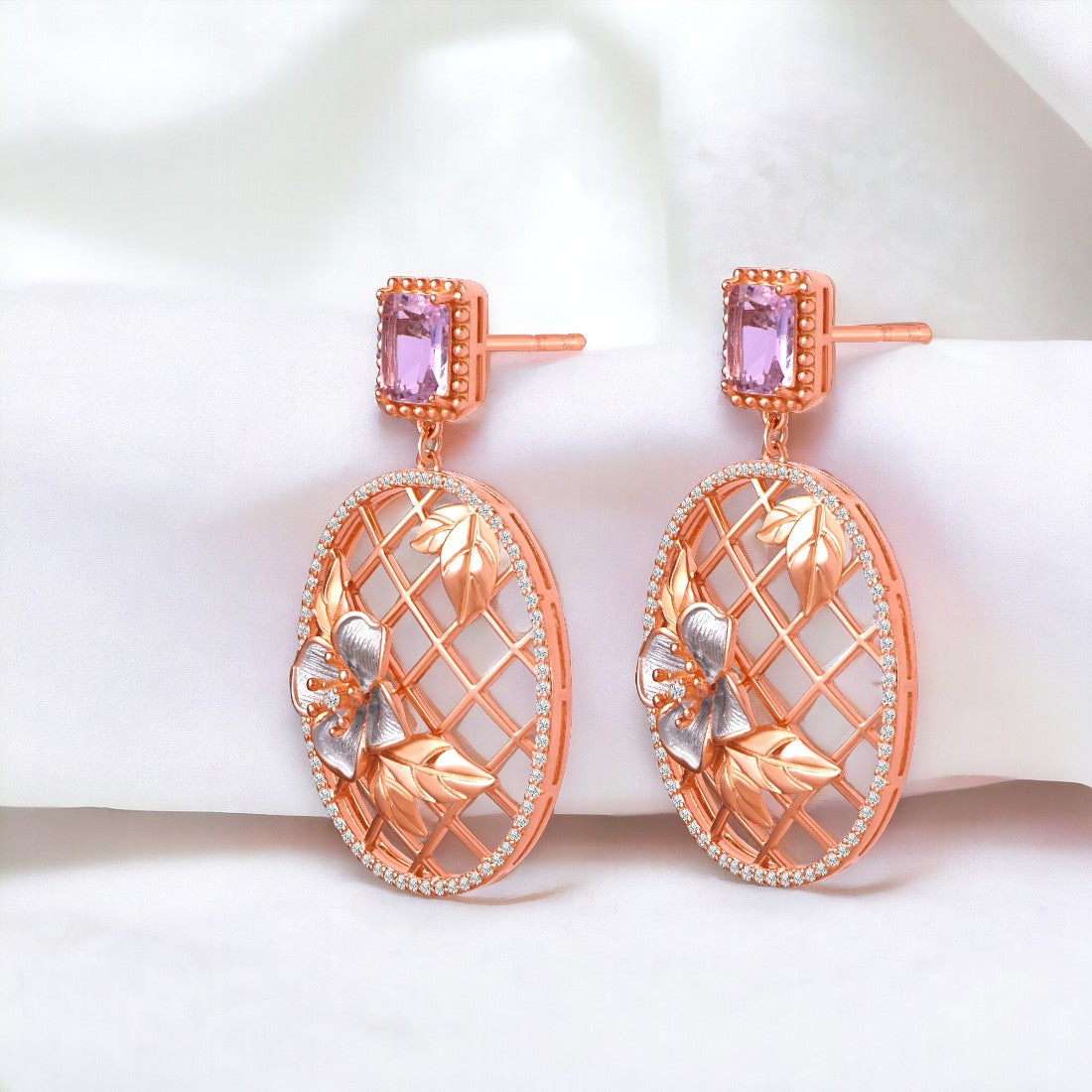 Pink Stone Oval Rose gold Drop Earring