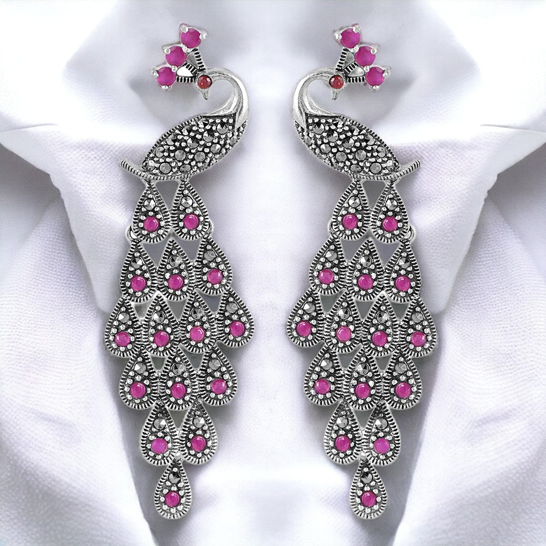 Sterling Silver Moon Tarnish Oxidized  Pink Stoned Peacock Earring For Women & Girls