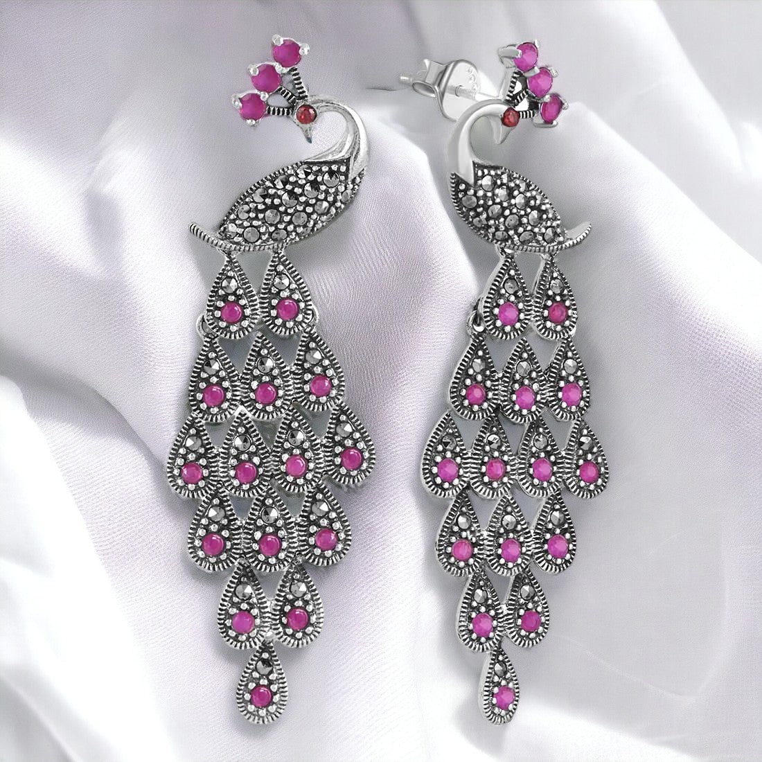 Sterling Silver Pink Stoned Peacock Earring For Women & Girls