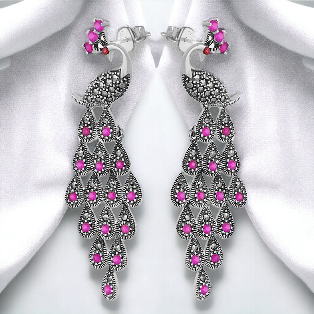Sterling Silver Moon Tarnish Oxidized  Pink Stoned Peacock Earring For Women & Girls