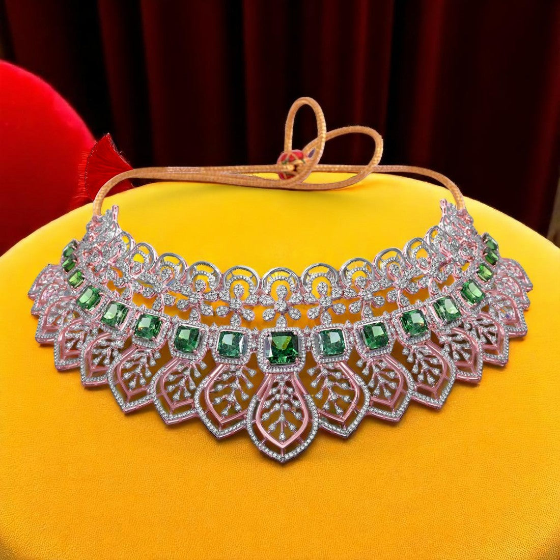 Sterling Silver Rosegold plated Green stoned Choker Necklace Set