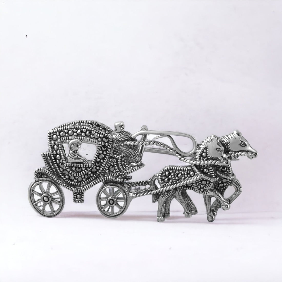 Moon Tarnish Oxidized Silver Horse Cart Brooch Cum Pendant For Men & Women