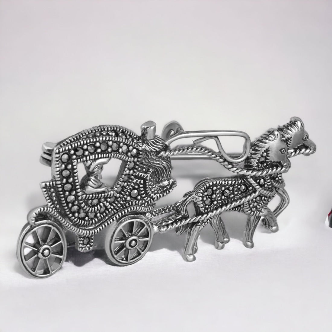 Moon Tarnish Oxidized Silver Horse Cart Brooch Cum Pendant For Men & Women